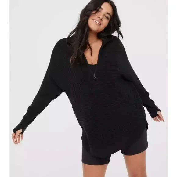 Offline by Aerie Ribbed Quarter Zip Long Sleeve Oversized Knit Black Medium - Picture 1 of 8